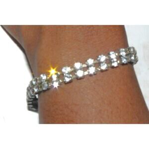 Vintage Rhinestone Double Row Tennis Bracelet Silver Band for Women 6.5" MCM
